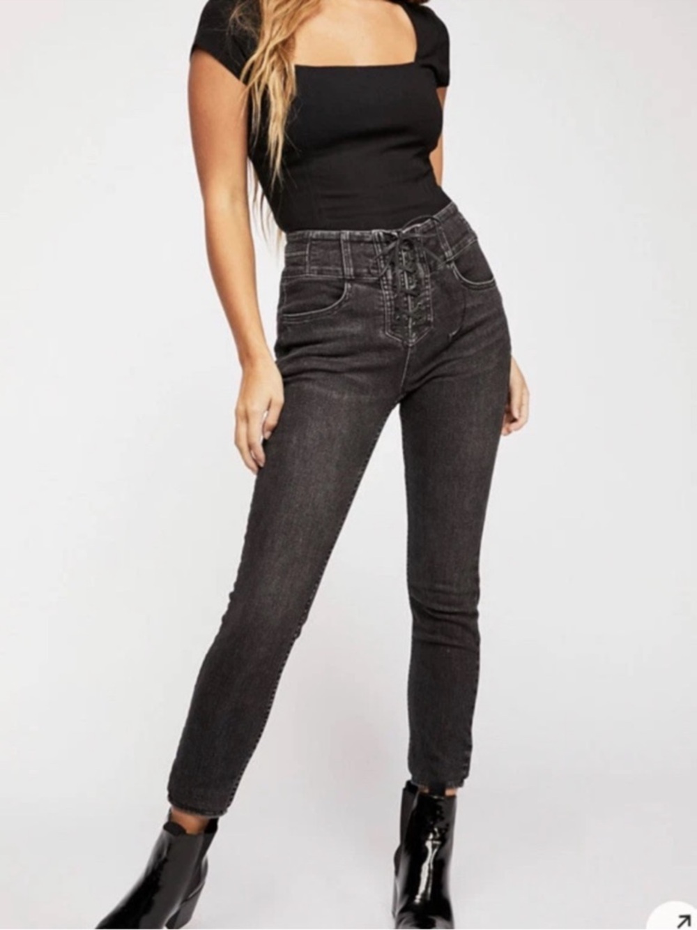 We The Free Lace-Up High Rise Skinny Jeans Size 32 Black Wash